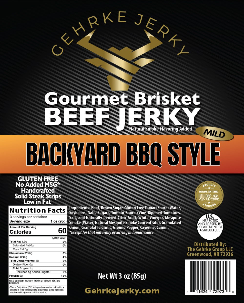 Backyard BBQ Beef Brisket Premium Tender Gehrke Jerky 3 OZ. Bag