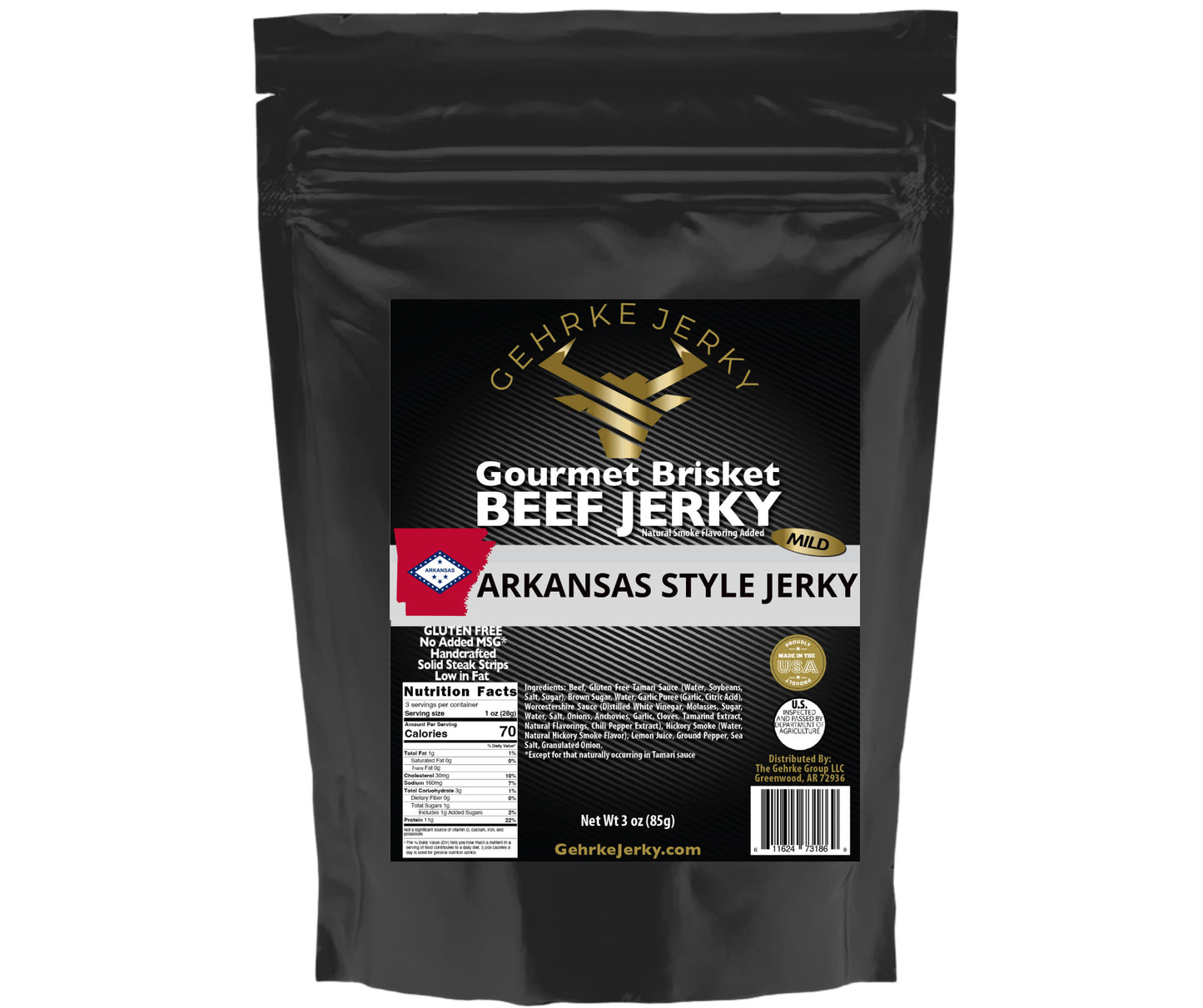 Arkansas Style Beef Brisket Premium Tender Gehrke Jerky 3 OZ. Bag